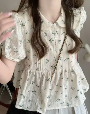 AD B BHNJ 꽃무늬 반팔 블라우스 페플럼 둥근 카라