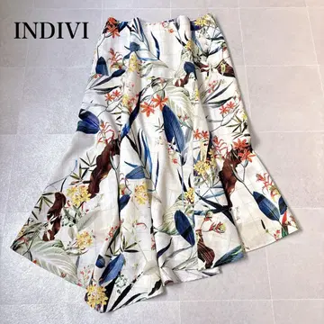 컨디션 최상 빅 사이즈 INDIVI 보태니컬 무늬 불규칙 밑단 스커트 [ XL ]