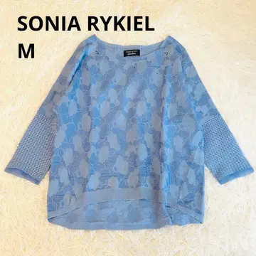 SONIA RYKIEL [꽃무늬 썸머 니트] 비쥬 7부 소매 이소재 절개 스카이블루 M
