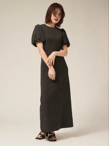 프레이 아이디 린넨 퍼프 슬리브 원피스 블랙 도트 무늬 M 사이즈