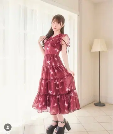 evelyn 오리지널 리본 무늬 OP 원피스 보르도