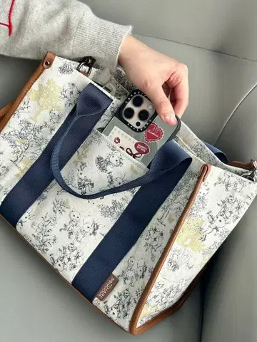 토트백 올 패턴 캔버스 네이비