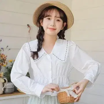 빅 칼라 자수 블라우스 긴팔