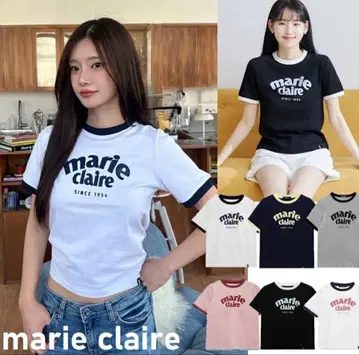 marie claire 로고 링거 숏 티셔츠 그레이