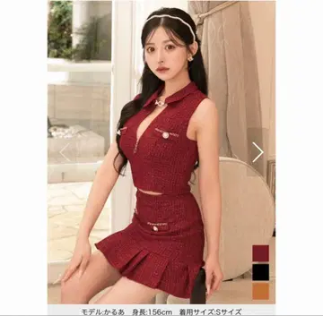 플리츠 트위드 펄 버튼 드레스 XS 사이즈 와인 레드