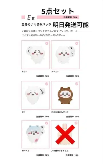 치이카와 치이카와 가득 복권 E상 전신 인형 배지 5세트 2