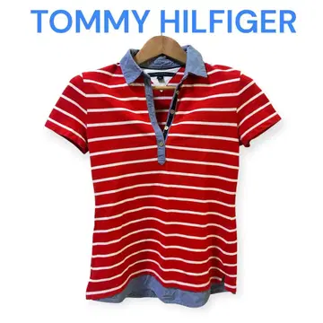 TOMMY HILFIGER 오렌지 x 화이트 보더 이소재풍 피케 셔츠 S/P
