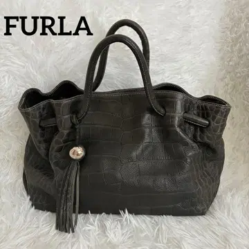컨디션 최상 FURLA 훌라 핸드백 악어 엠보싱 가죽 블랙 y2k
