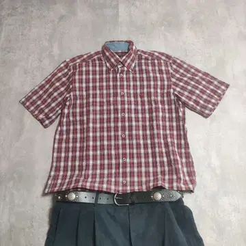 체크 반팔 셔츠 레드 짧은 기장