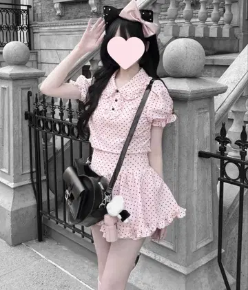 미코 하트 플러피 블라우스 & 스커트팬츠 핑크