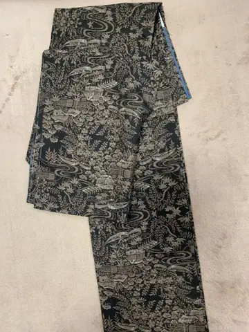본장 오시마 명주 기모노 브라운 진흙 염색 풍경 문양 카타스식 9마루키 순수 실크