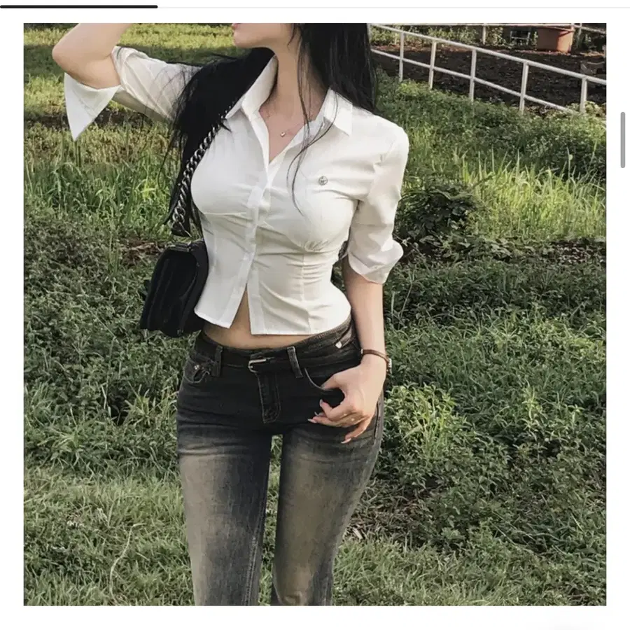 하이클래식) 화이트 셔링 슬림핏 7부 셔츠