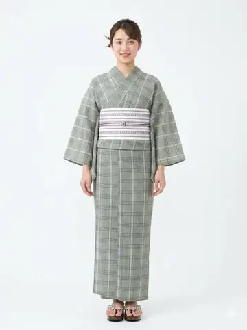 유카타 단품 여성용 시지라 직조 면 린넨 격자 무늬 탁한 그린