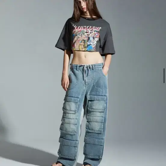(단종제품)게이트리스 와이드 카고 데님 팬츠