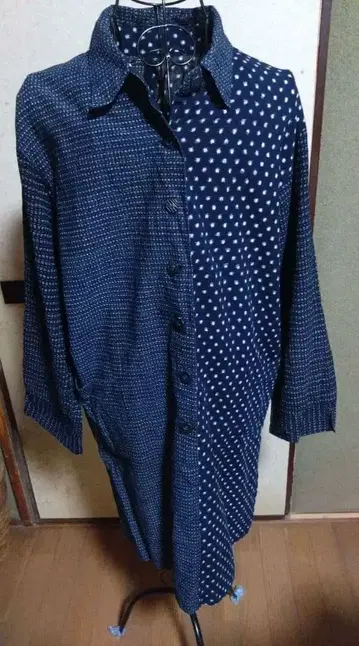 빈티지 원단 리메이크 셔츠 원피스 네이비 나염 카스리