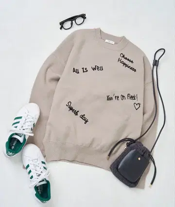 FREAK'S STORE 로고 자수 크루넥 니트 베이지 긴팔 F