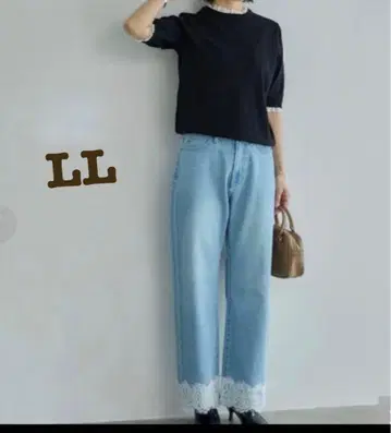 시마무라 x 다나카 리나 레이스 스트레이트 데님 LL 사이즈