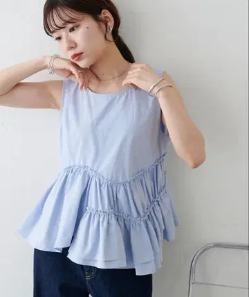 discoat 아지메 프릴 블라우스 블루 F