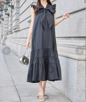 토코 클로젯 어깨 프릴 보타이 리본 코튼라이크 티어드 원피스