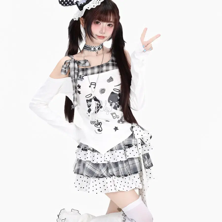 CRAZYGIRL 엔젤 고양이 체크 리본 언밸런스 오프숄더 티셔츠