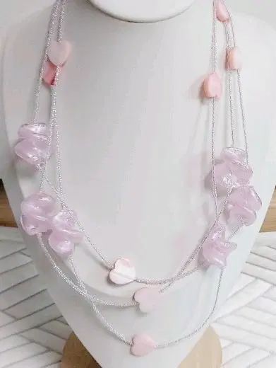 핑크 비즈 하트 자개 롱목걸이