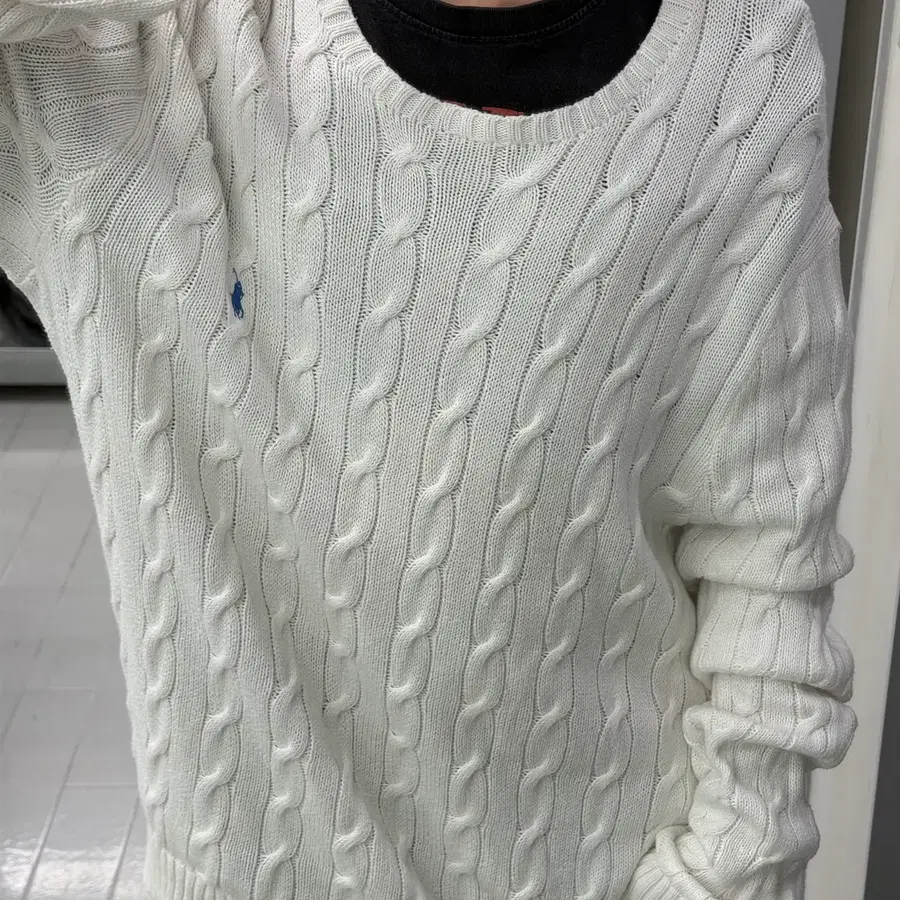 (2XL) 폴로 랄프로렌 케이블 니트 코튼 크루넥 스웨터 화이트