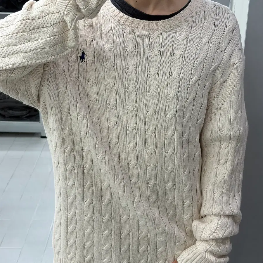 (XL) 폴로 랄프로렌 QR 케이블 니트 코튼 크루넥 스웨터 크림