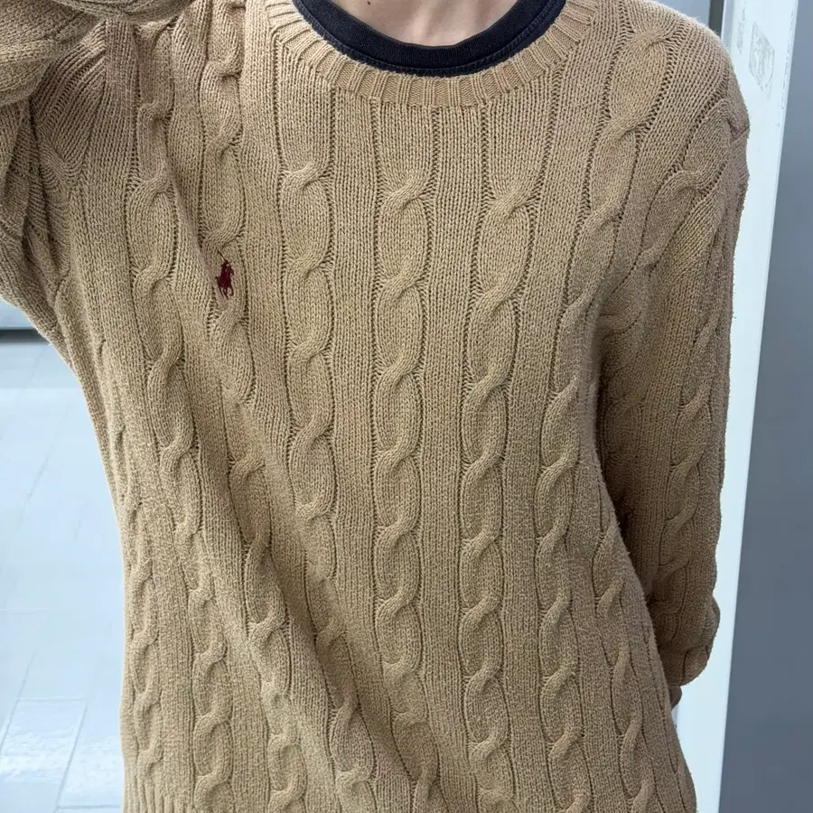 (XL) 폴로 랄프로렌 케이블 니트 코튼 크루넥 스웨터 브라운