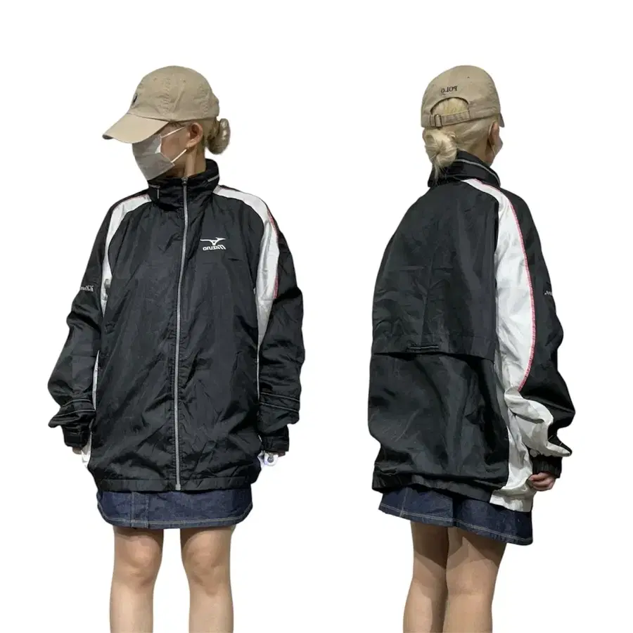 미즈노 블랙 오버핏 화이트 사이드 라인 바람막이 트랙 자켓 L