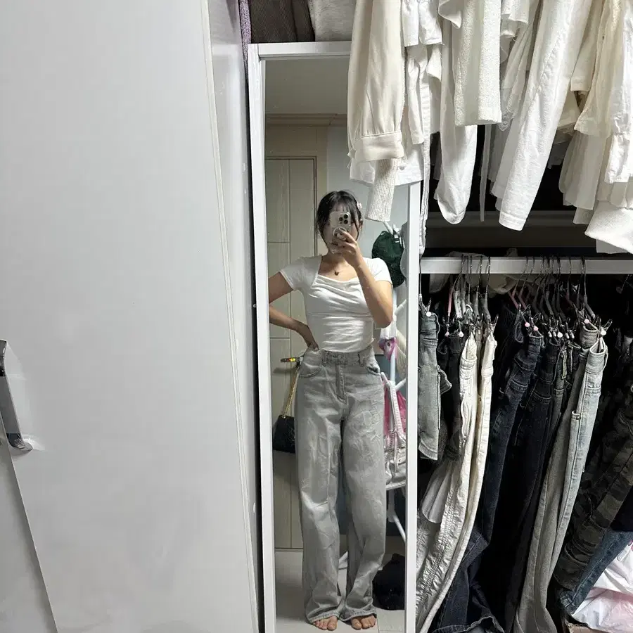 그레이 데님 롱기장 빈티지 워싱