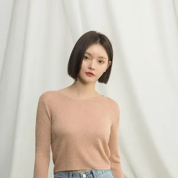 아틀리에나인 메탈 크롭 여름 니트 세미 시스루