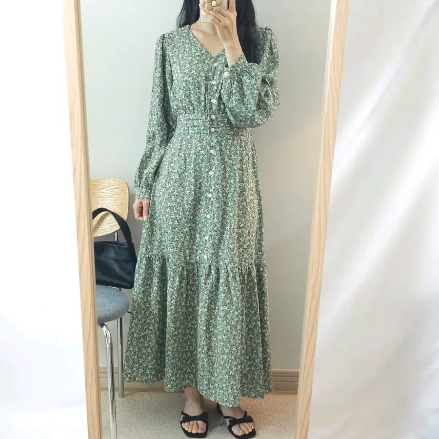 (F)여성 긴팔 롱 원피스 플라워 스모크 뒷밴딩 K1W4441