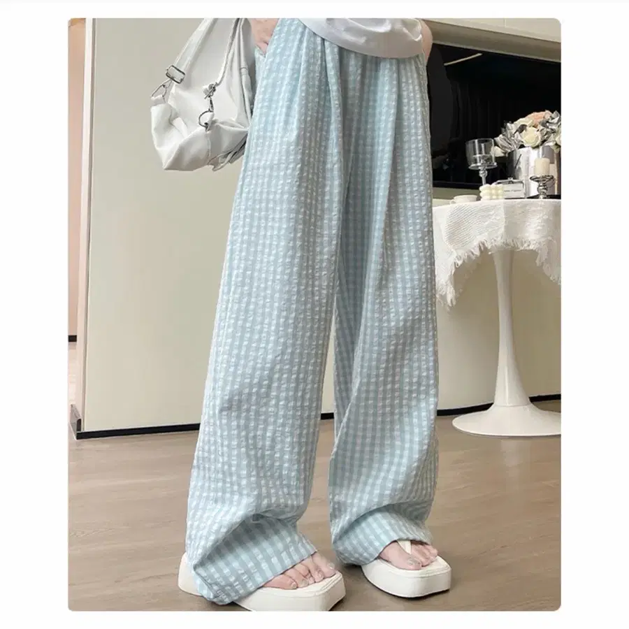 세상품) 체크 패턴 와이드 팬츠