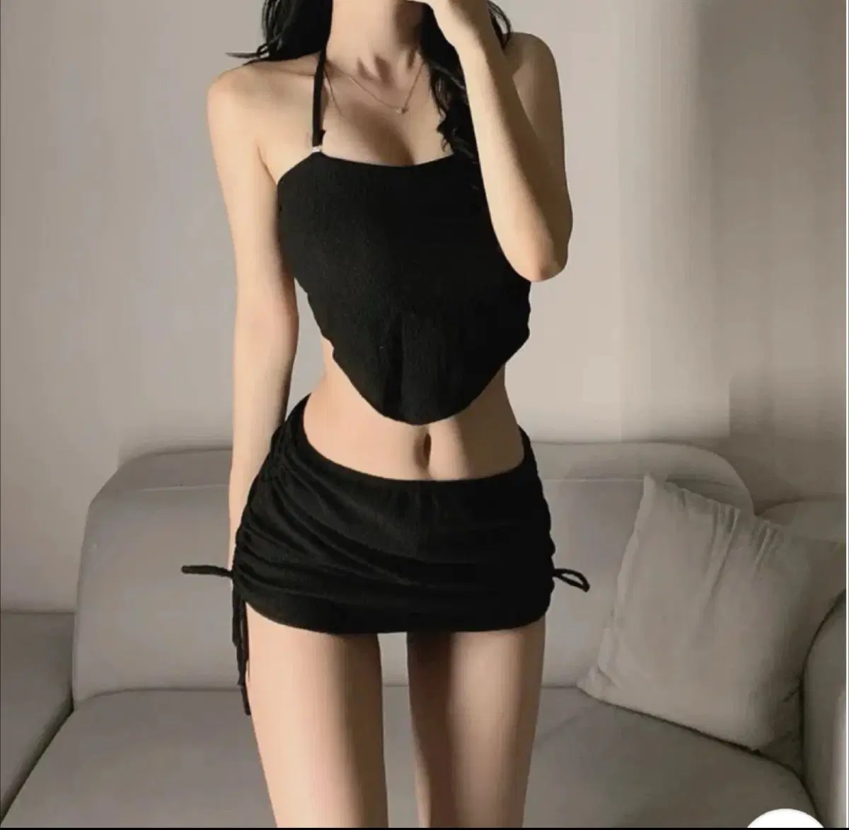 블랙 홀터넥 튜브탑 + 셔링 미니 스커트 레쉬가드 모노키니 비키니 수영복