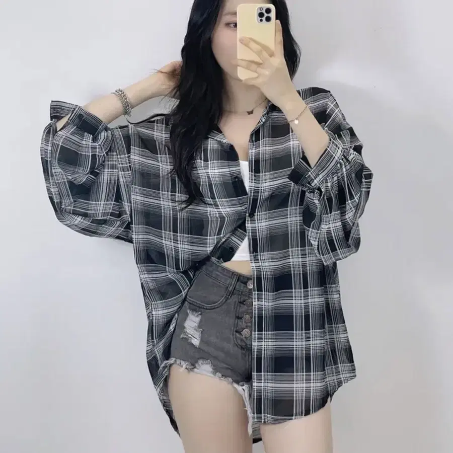 [옷장정리] 긴팔 시스루 오버핏 체크 남방 셔츠 블랙