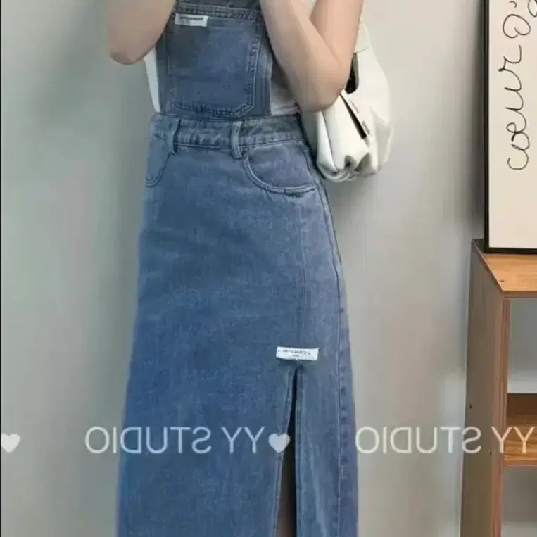 데님 멜빵 스커트 롱 슬릿