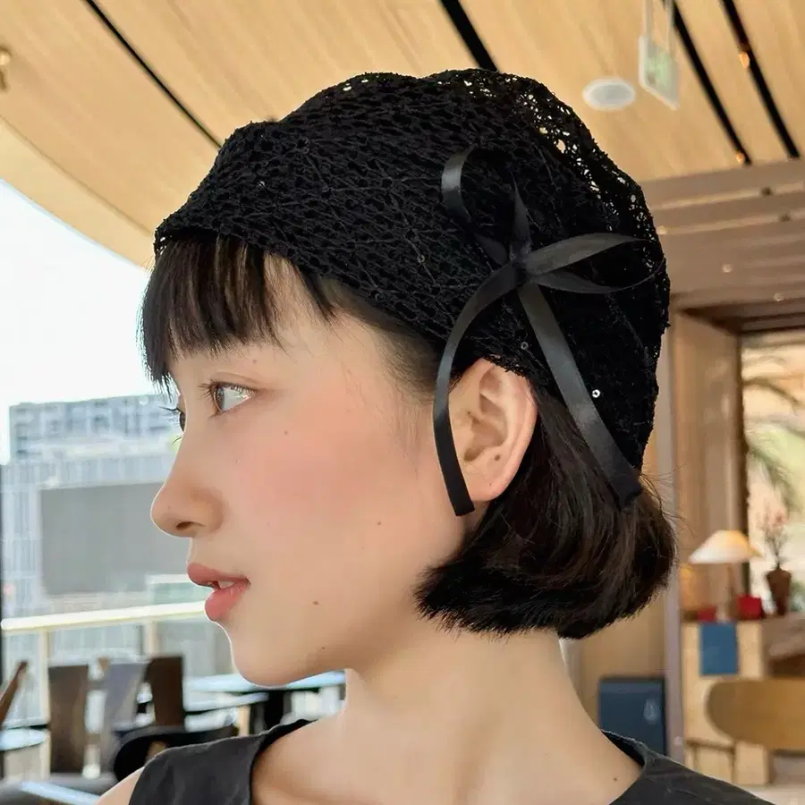 블랙 레이스 리본 비니
