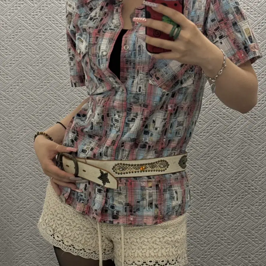 빈티지 재팬 컨트리 웨스턴 레트로 패치워크 반팔 셔츠 K0479