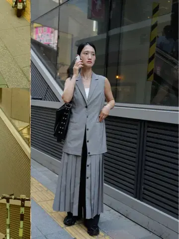 AMERI 플리츠 스커트 도킹 수트 드레스
