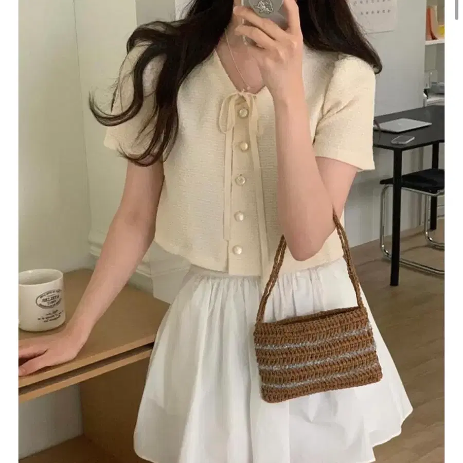 [새상품] 트위드 리본 블라우스 자켓