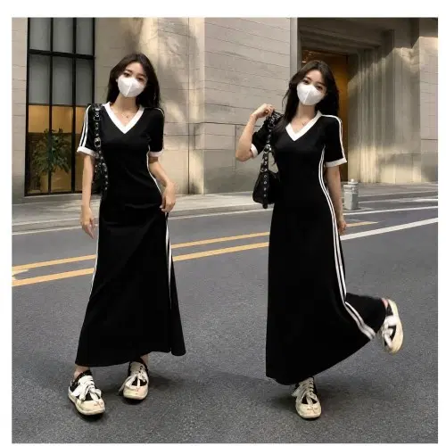 여성 A라인 브이넥 두줄 반팔 롱원피스