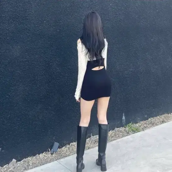 블랙 백리스 원피스 가디건 세트