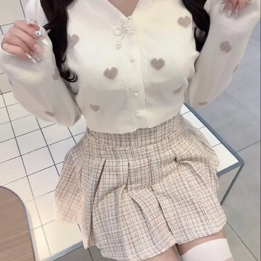 에블린 진주 리본 브로치 하트 자수 가디건 양산형 지뢰계 블라우스 가디건 스나계 리즈리사 에블린