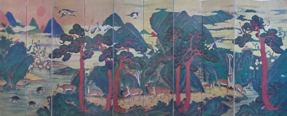 광물성안료를사용한청록산수화법의조선시대인19세기(대략1800년대 중후반)에제작된것으로추정되는십장생도10폭병풍