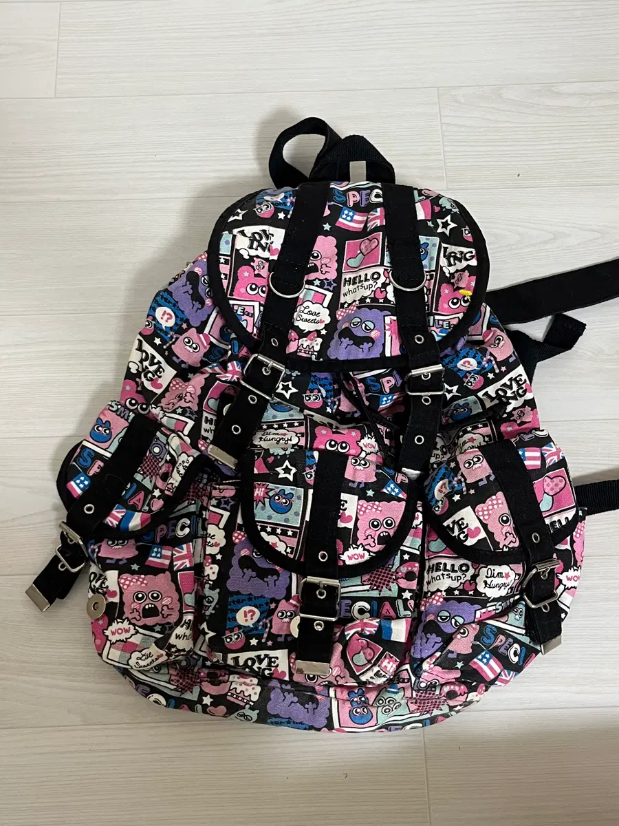 Vintage character pink three-pocket mori girl drawstring backpack bag