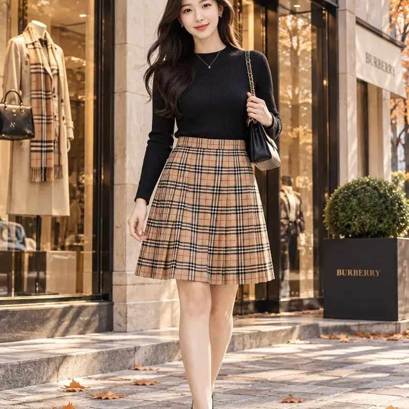 버버리 겨울 체크 플리츠 스커트