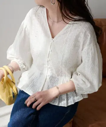 레이스 자수 칠부 소매 블라우스