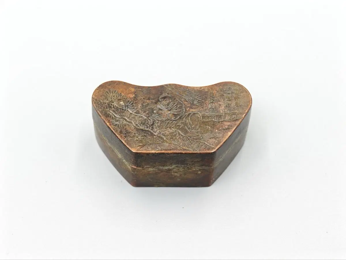 민국 1932년 서진 제작 동제 송하인물문 묵합 먹물통 골동품