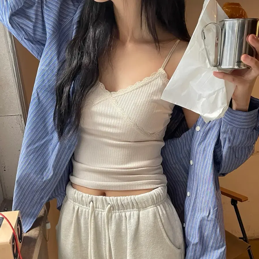 나이니 나시 베이지 골지 레이스 레이어드 나시 바닐라 베이지