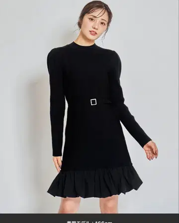 벌룬 원피스 벨트 포함 니트 원피스 블랙